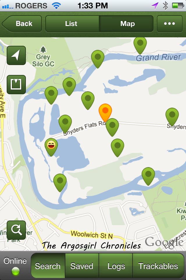 The various geocache locations in the area.