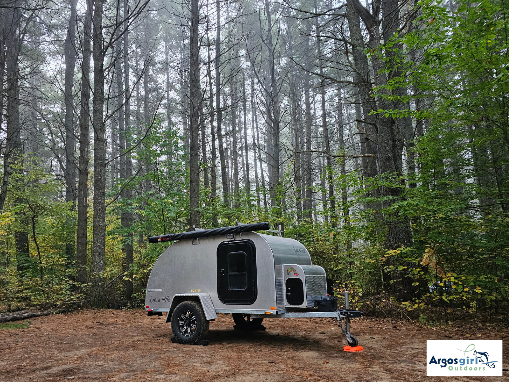 teardrop trailer in front of trees