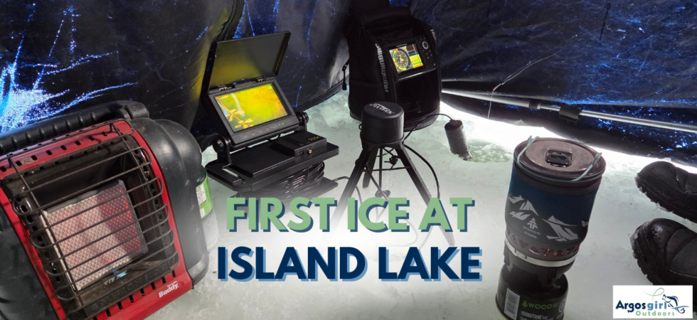 Inside an ice hut with heater, camera, and fish finder